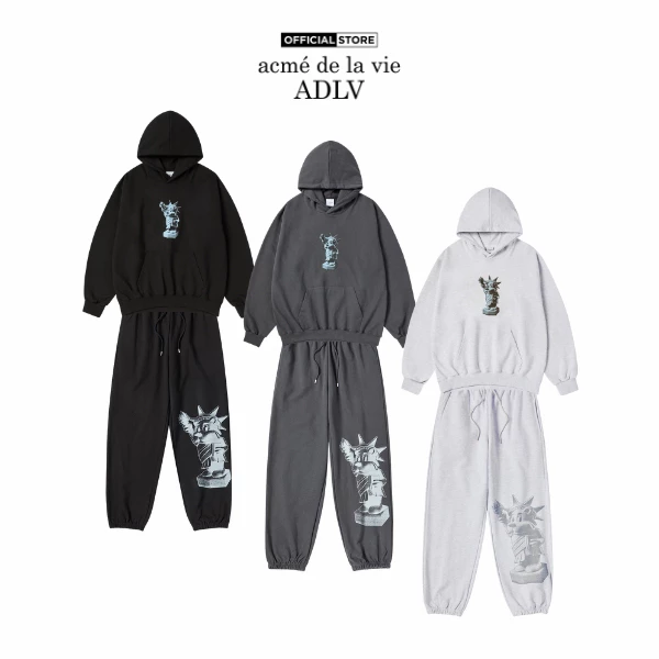 Set áo Hoodie và Quần ADLV AC Bear Statue Of Liberty màu Đen/Than chì/Muối tiêu - Hàng chính hãng