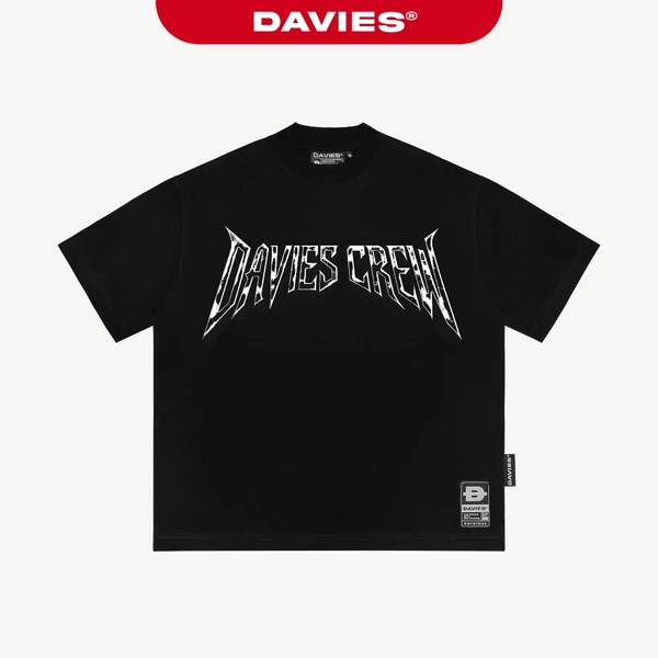 Áo thun form rộng nam nữ đường phố DAVIES thiết kế hình in chữ gai góc cách điệu màu đen co giãn Metallic Tee | D-T42