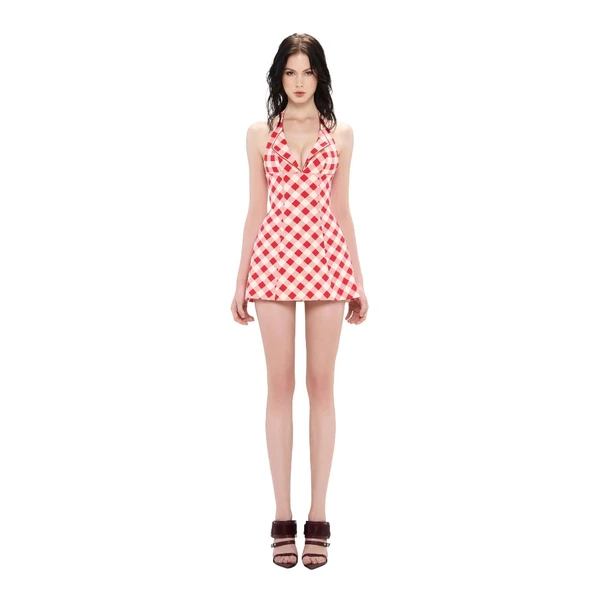 LSOUL - Gunbou Dress Đầm Chữ A Cổ Yếm Họa Tiết Caro Đỏ Cut Out Quyến Rũ V25071679