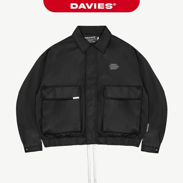 Áo khoác dù 2 lớp túi hộp thân bo DAVIES thêu chữ phối da đen khóa kéo kèm dây rút túi trong Classy Box Jacket| D-AK6
