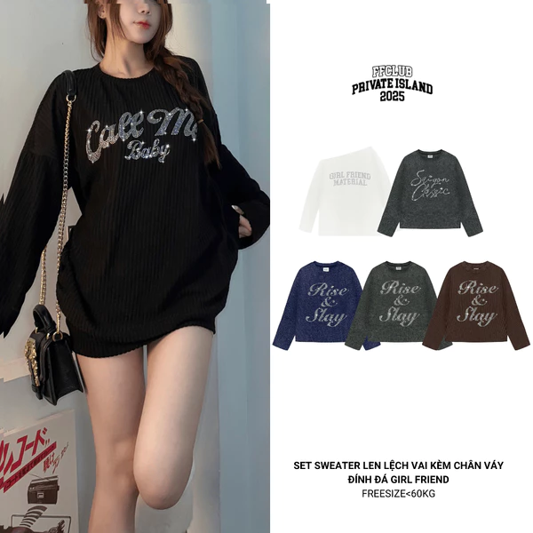 FFCLUB - ÁO SWEATER LEN LỆCH VAI KÈM CHÂN VÁY ĐÍNH ĐÁ