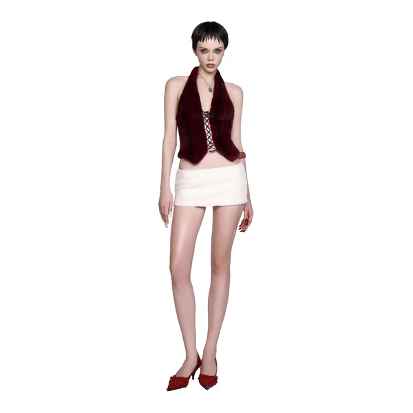 LSOUL - Cinza Top Áo Corset Đan Dây Thiết Kế Lông Mềm Quyến Rũ A24122794 A24122793 Women
