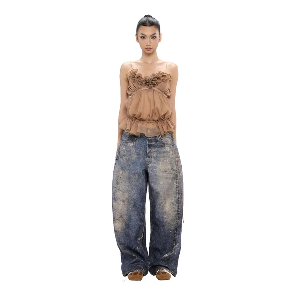 LSOUL Áo 2 Dây Xếp Tầng Phối Hoa Nhún Ngực Hannie Top + Quần Jeans Baggy Yeom Bottom Ver 2 A25072832