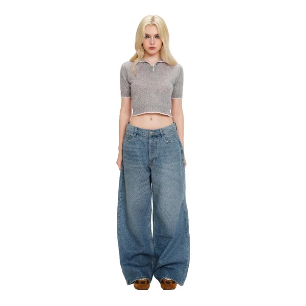 LSOUL Áo Croptop Polo Dệt Kim Tay Ngắn Basic Noun Top + Quần Ống Rộng Je Pants A25102854