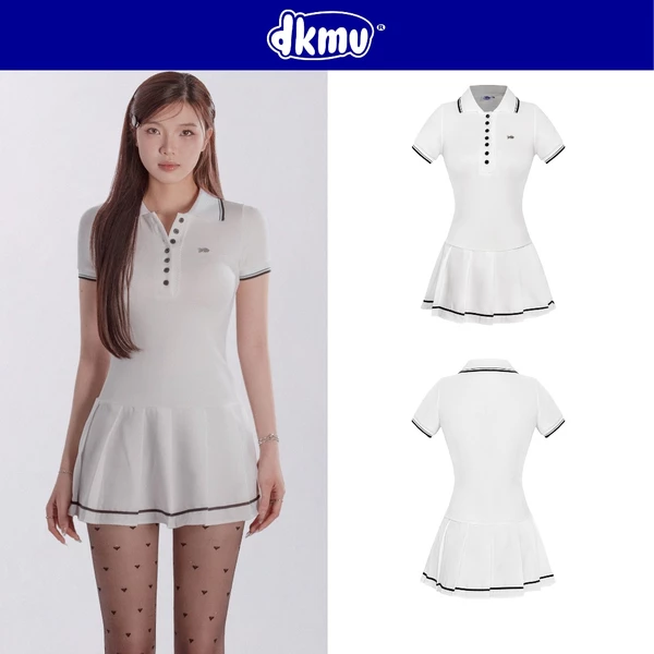 Đầm nữ cổ polo dáng váy xếp ly DKMV hoạ tiết phối viền tương phản logo cá inox đáng yêu màu trắng Rally Dress | K-D13