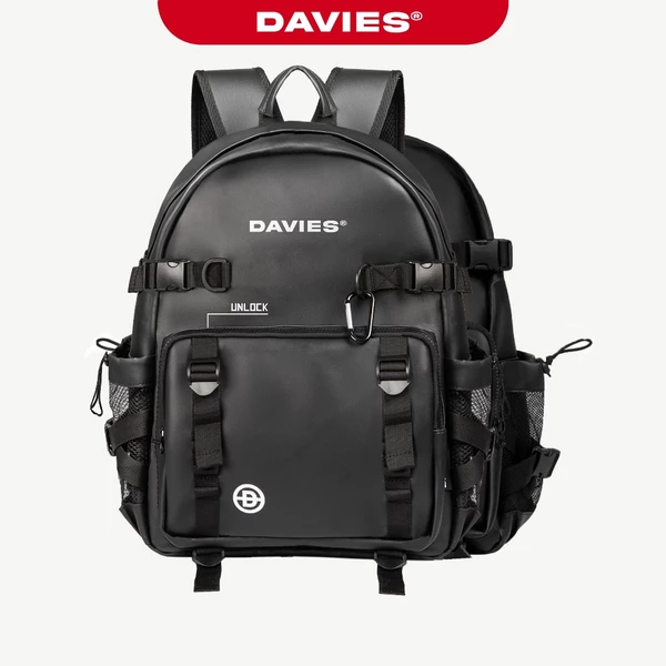 Balo da đi học nhiều ngăn DAVIES nam nữ màu đen Leather Tactical Backpack