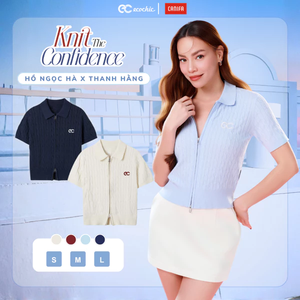 (LINK SALE) [ECOCHICxCANIFA] Áo Len Tay Ngắn Khoá Zip 2 Chiều Logo EC Chất Liệu Len Cao Cấp Mềm Mịn Chính Hãng HNH EC01