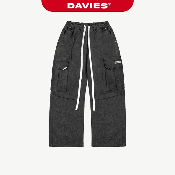 Quần jean túi hộp nam nữ logo inox DAVIES lưng thun dây rút form rộng thêu chữ túi sau Denim Cargo Pants| D-Q1