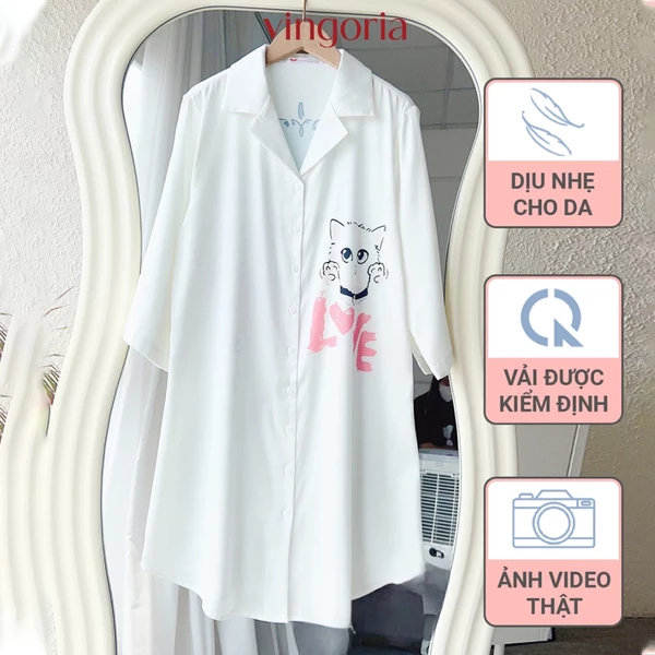 Váy sơ mi dáng dài lụa Pháp màu trắng mặc thu đông VINGO/VINGORIA N451 - N484