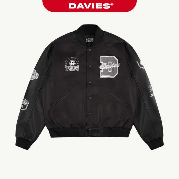 Áo varsity jacket nam nữ dù DAVIES logo thêu dù nổi, thêu da nổi, tay phối da màu đen Varsity Jacket Academy | D34-AK4
