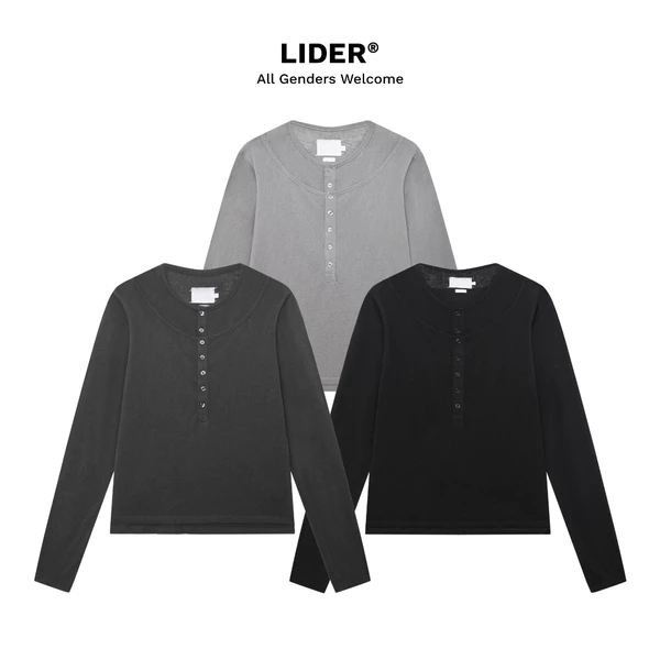 Áo Thun Tay Dài Ôm Body Unisex LIDER EVERWOOD LAYERED HENLEY TEE - Black/ Light Grey/ Grey