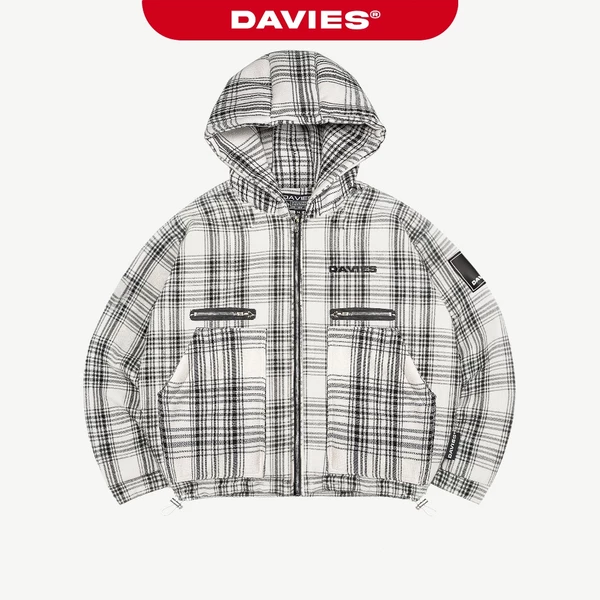 Áo khoác flannel có mũ local brand DAVIES form rộng vải nỉ caro đen trắng 2 lớp dày dặn Flannel Hooded Jacket I D38-AK1