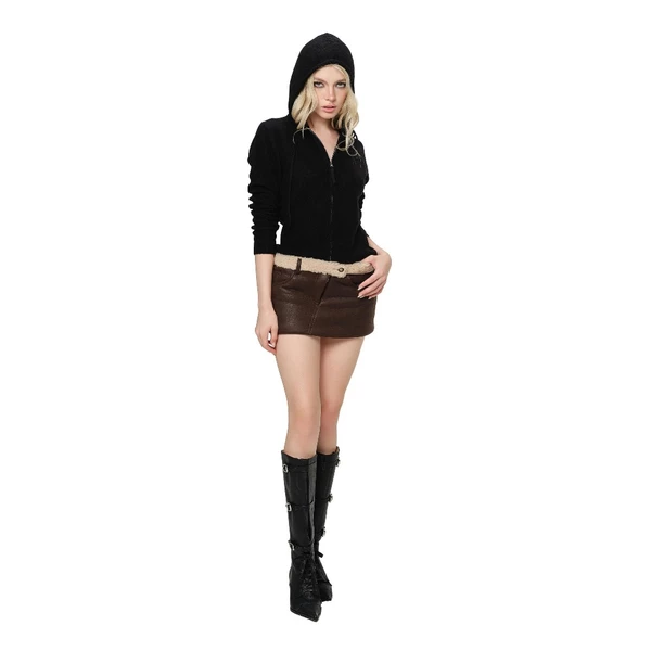 LSOUL Chân Váy Mini Da Nữ Cạp Trễ Mos Skirt + Áo Khoác Hoodie Len Dệt Kim Peaky Jacket CV26010748