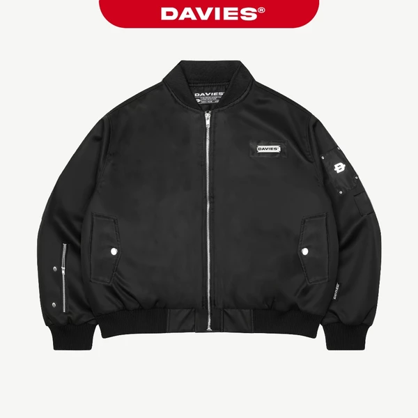 Áo bomber jacket tay nhún khóa kéo DAVIES dù 2 lớp thêu chữ phối da nhiều chi tiết kim loại túi có trong Metallic| D-AK7