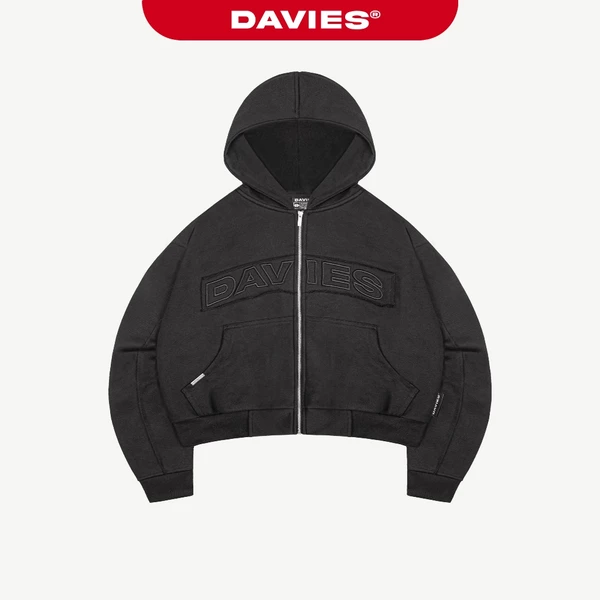 Áo khoác hoodie zip boxy nam nữ DAVIES hoạ tiết chữ thêu viền nổi 3D phối viền tay màu đen Patchwork Hoodie Zip | D-HD4