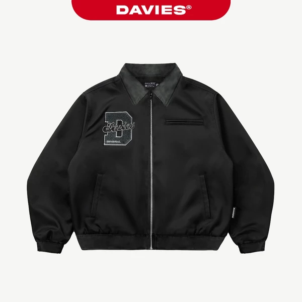 Áo khoác dù 2 lớp phối cổ nhung DAVIES thêu logo D dây kéo màu đen logo su có túi trong D Harrington Jacket| D34-AK6