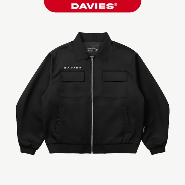Áo khoác kaki form rộng dây kéo DAVIES túi hộp in chữ có lót dù màu đen Daviesism Classic SS22 Jacket | D30-AK6