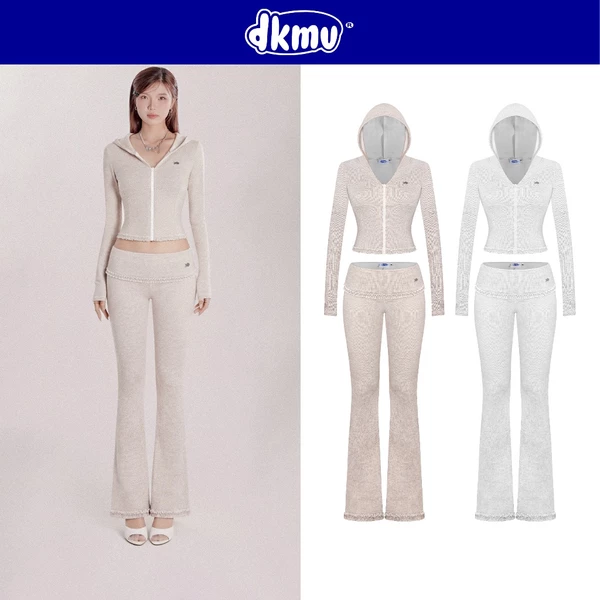 Set đồ nữ áo khoác và quần ống loe DKMV hoạ tiết phối bèo lưng lật đính logo cá inox đáng yêu Glimmer Set | K-SET16