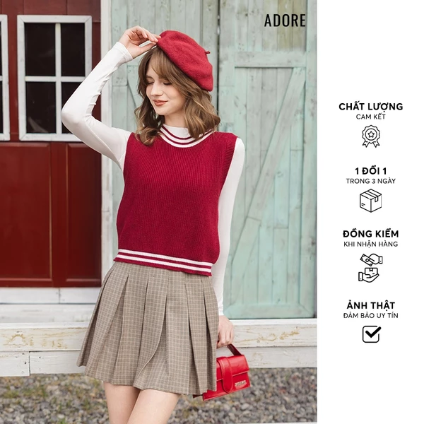 Áo gile len cổ tròn đỏ đô phối trắng - 512KN2002 ADORE