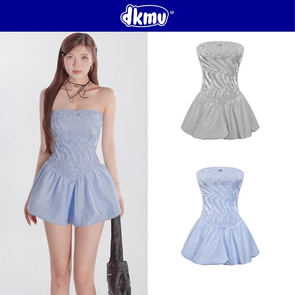 Đầm cúp ngực ngắn dáng bí DKMV thiết kế nhún phối hoạ tiết kẻ sọc đáng yêu màu xanh nhạt, xám Mia Dress | K-D16
