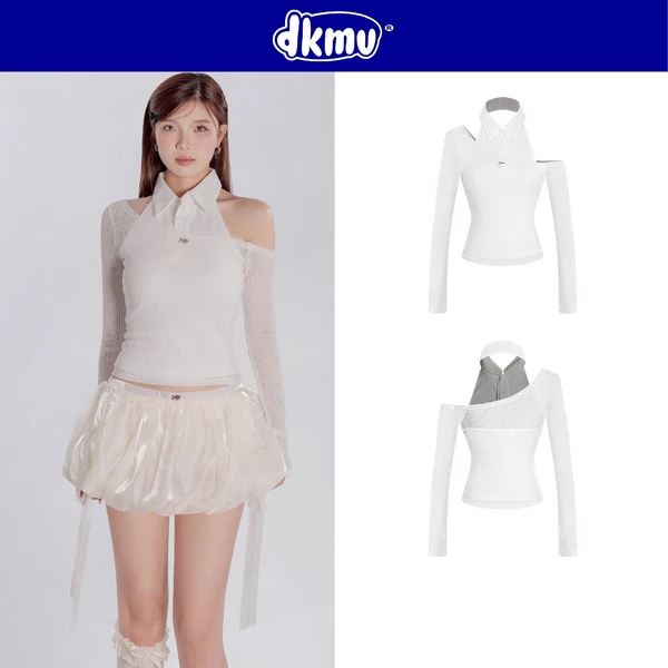 Áo cổ yếm kèm áo khoác lưới lệch vai DKMV thiết kế dáng cổ polo phối nút cài màu trắng đáng yêu Hana Top | K-T42