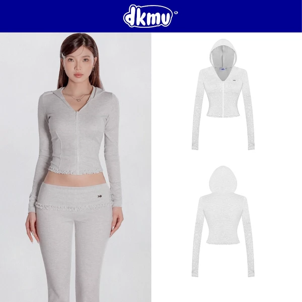 Áo khoác nữ đẹp dáng croptop có mũ DKMV thiết kế viền bèo nữ tính ôm sát dáng màu xám trắng Glimmer Set | K-SET16-AK-XT