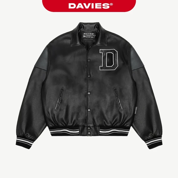 Áo khoác varsity jacket da DAVIES nam nữ local brand thêu logo màu đen BMG Leather | D22-AK4
