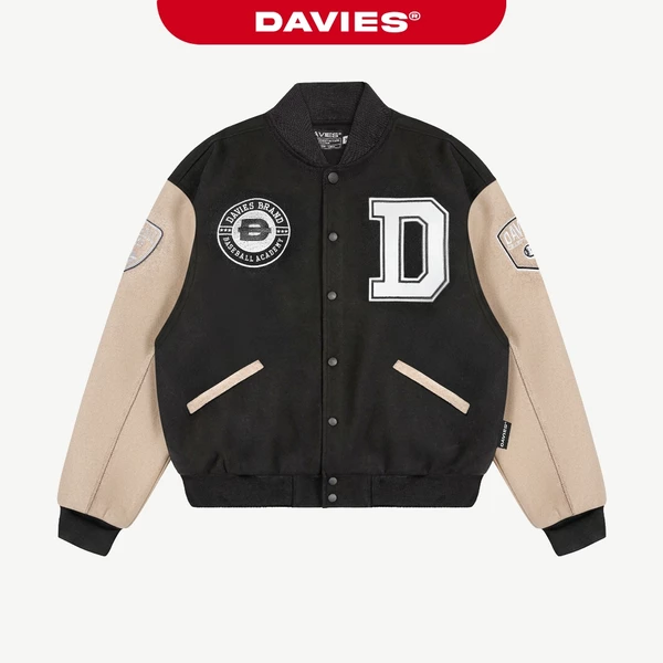 Bomber jacket bóng chày DAVIES nỉ, kaki đen phối tay be form rộng 2 lớp thêu logo phong cách đường phố