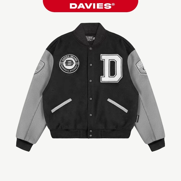 Áo bomber jacket đen phối tay xám Davies thêu logo nổi đường cắt bụi bặm nỉ và kaki thiết kế nút bấm Baseball Academy