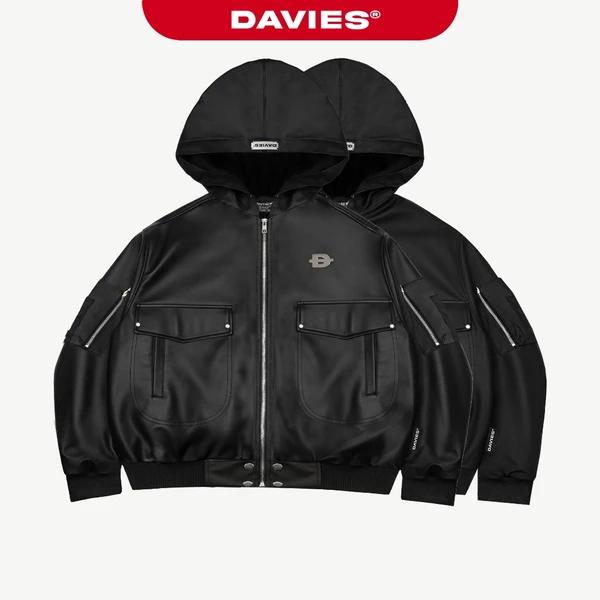 Áo khoác bomber có mũ nhiều túi DAVIES khóa kéo chất liệu da, dù túi hộp tay áo Double Box Hooded Bomber Jacket | D-AK9