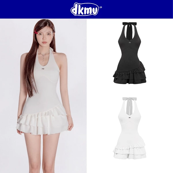 Đầm cổ yếm xòe tầng hở lưng cột nơ DKMV thiết kế tà váy lệch điệu đà bồng bềnh phối logo cá Kylie Dress | K-D40