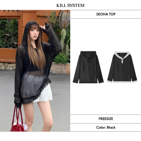 Áo hoodie xuyên thấu Seoha viền ren màu trắng Kill System