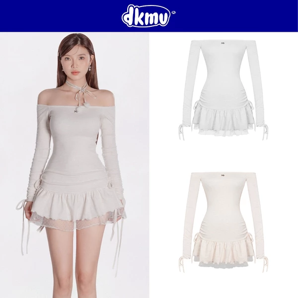 Đầm tiểu thư trễ vai xòe phối ren DKMV hoạ tiết dây rút thắt nơ đáng yêu đính logo cá thun rib mềm mại Liz Dress | K-D45