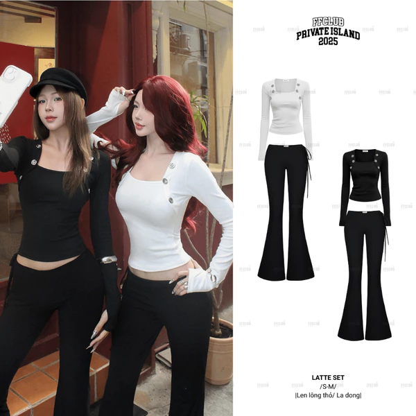 [CÓ TÁCH SET] Áo len Latte tay dài phối nút & Quần ống loe cạp trễ FFCLUB