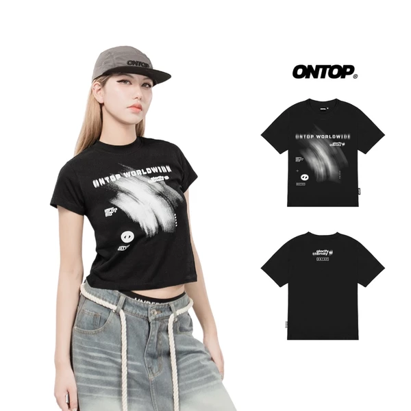 Áo baby tee màu đen in họa tiết ONTOP tay ngắn, tôn dáng vải cotton thoáng mát local brand nữ Ripple | O21-T5