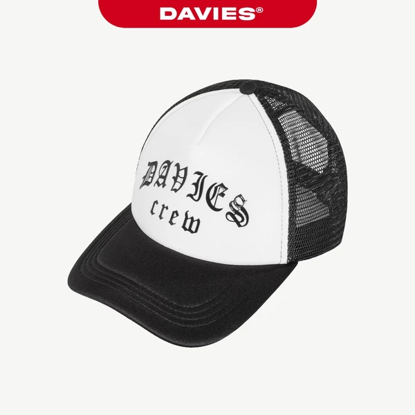 Mũ lưỡi trai nam nữ phối lưới DAVIES hình in chữ cách điệu dây cài bấm nút phối màu đen trắng Engra Trucker Hat | D-C12