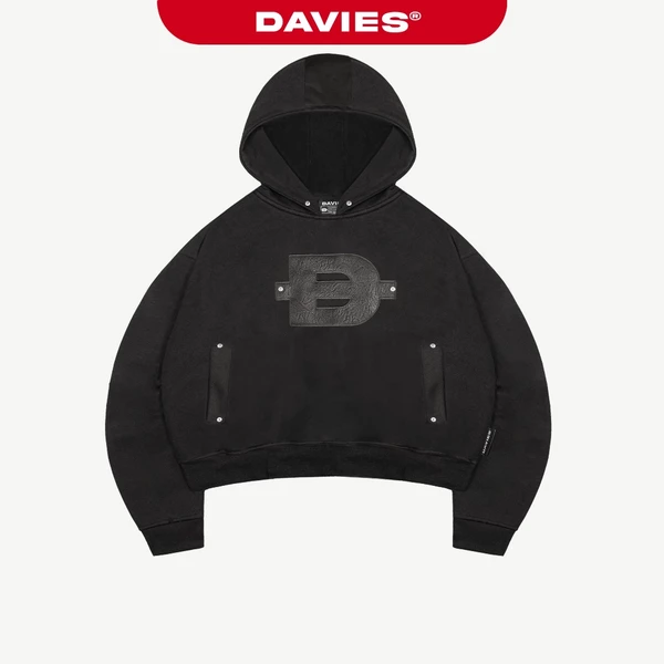 Áo hoodie nam nữ form rộng DAVIES hình thêu da nổi túi áo đính nút kim loại mũ to có nút bấm màu đen Rivet | D-HD3