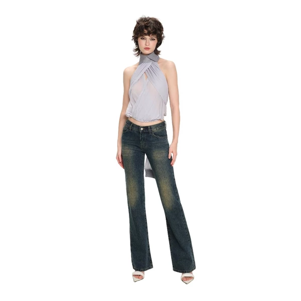 LSOUL Áo Cổ Cao Xuyên Thấu Kwan Top + Quần Jeans Nữ Ống Suông Dài Streetwear Diva Pants J25120825