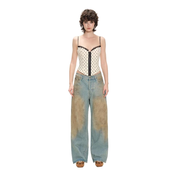 LSOUL Áo Corset Họa Tiết Chấm Bi Hai Dây Jeana Top + Quần Jeans Dirr Pants J25110824