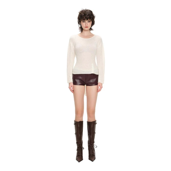 LSOUL Áo Len Phối Dây Buộc Lưng Estic Top + Quần Da Bóng Cạp Trễ Y2K Sie Short M25120603