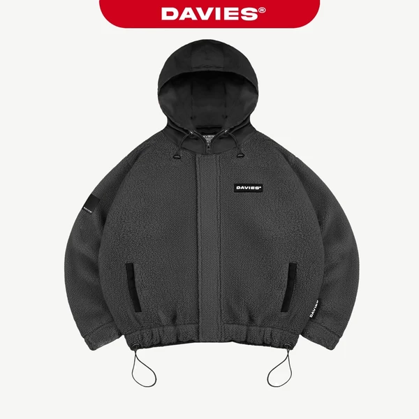 Áo khoác lông cừu có mũ màu xám DAVIES khóa kéo form rộng có lót dù kèm dây rút logo su Fleece Hooded Jacket D35-AK5-X