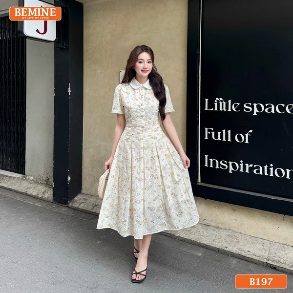 Đầm thiết kế BEMINE cổ sen đính cúc dáng chữ A thêu hoa phù hợp đi làm, đi chơi-B197