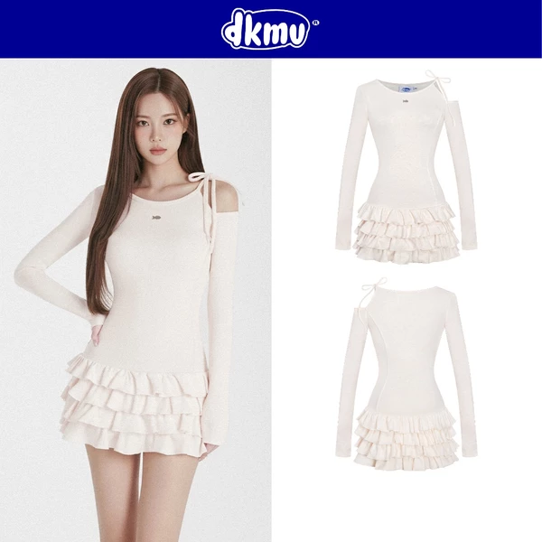 Đầm dài tay dáng ngắn xoè tầng DKMV thiết kế khoét vai buộc nơ điệu đà có quần bảo hộ màu kem Oceanic Dress | K-D48-K
