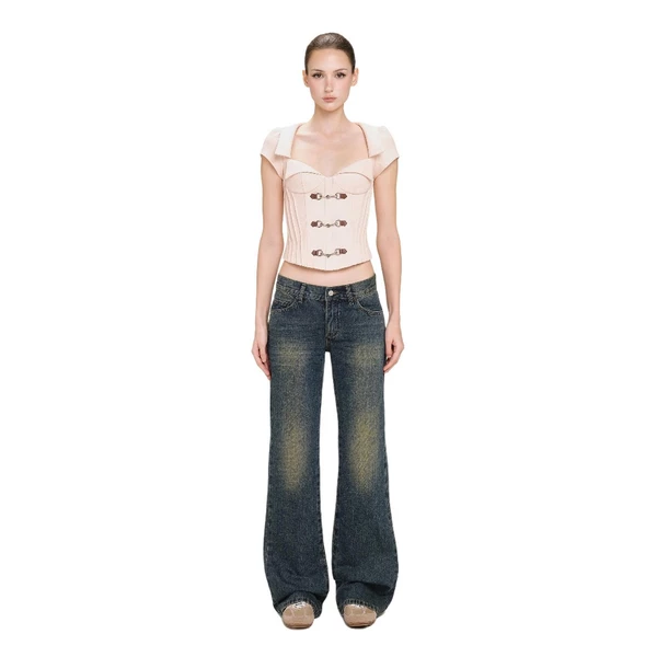 LSOUL Áo Corset Cổ Tim Phối Khóa Cài Kim Loại Kace Top + Quần Jeans Diva Pants A2601287