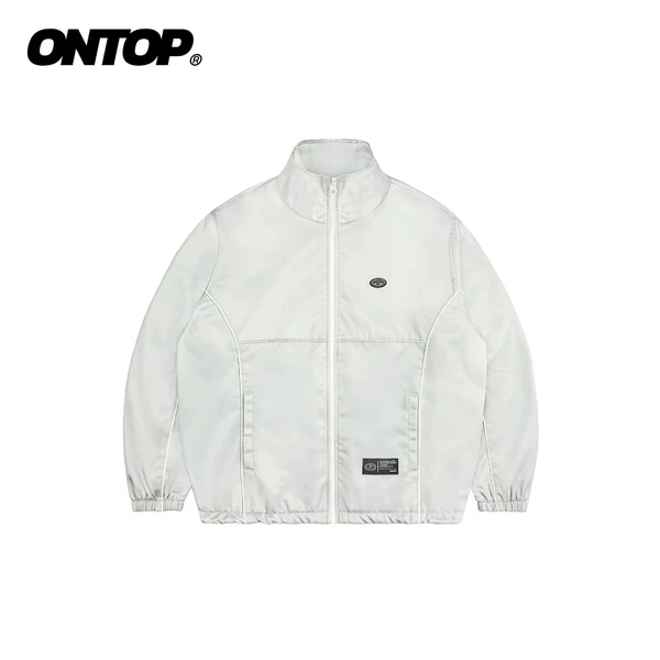Áo khoác chống gió hai lớp ONTOP cổ trụ, phối viền nam nữ màu xám trắng Wind Track Jacket | O-AK5-XT