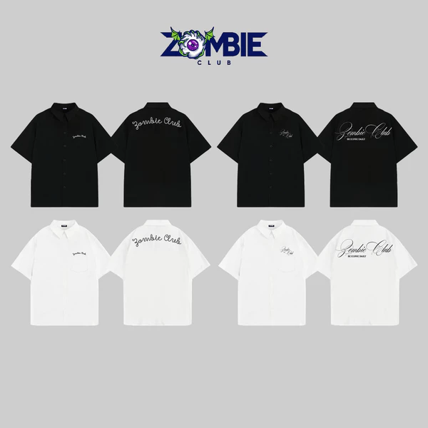 Áo sơ mi, ZOMBIE.CLUB,Thêu Font Mắt Xích + Font Viết Tay, chất lụa premium, ngắn tay, dáng rộng, UNISEX, Chính Hãng