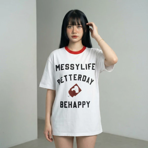 Áo thun unisex Onism - Be Happy  cổ phối màu đỏ trắng, form oversize cotton, áo phông nam nữ in chữ streetwear Hàn