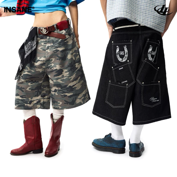 Quần Lửng InsaneClo HORSESHOE JORTS Form Rộng Dài Qua Gối Unisex Chất Liệu Denim