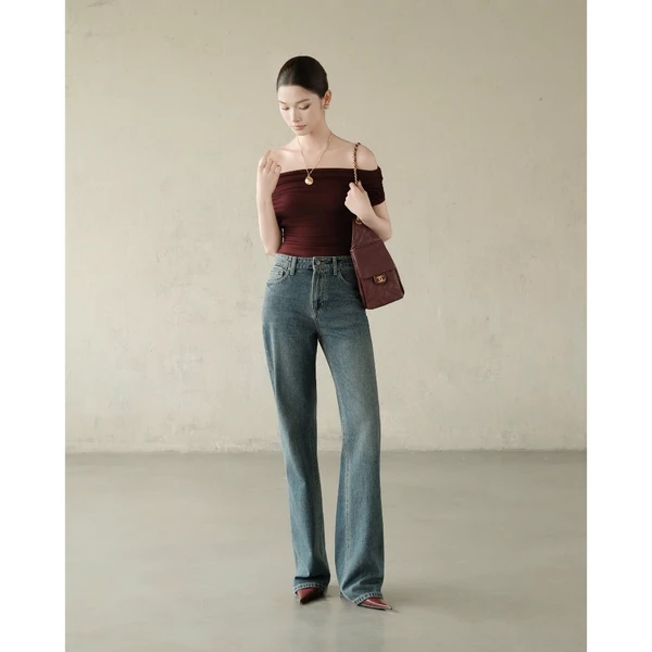 RUBIES Ricky Jeans - Quần Dài Nữ Vải Jean Mềm Ống Suông Đứng