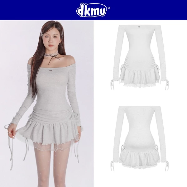 Đầm xòe ngắn trễ vai dáng xếp tầng DKMV tà váy phối ren rút dây thắt nơ xinh xắn màu xám trắng Liz Dress | K-D45-XT